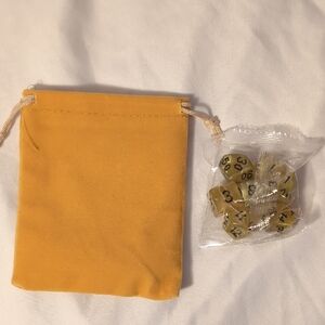 Yellow Velvet Drawstring Dice Pouch with Amber Numbered Dice